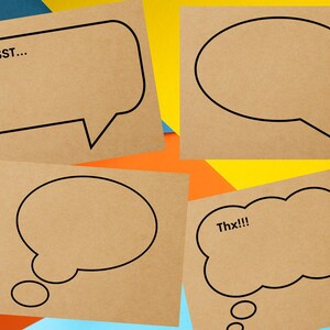 May include: Four brown paper speech bubbles with black outlines. The bubbles are arranged in a grid pattern. The top left bubble says "PSST..." The top right bubble is blank. The bottom left bubble is blank. The bottom right bubble says "Thx!!!"