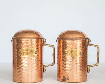 Two Tone Hammered Brass and Copper Salt and Pepper Shakers