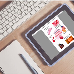 May include: A digital tablet displaying a diagram about the functions of the heart and pericardium. The diagram includes illustrations of the heart, blood vessels, and a house. The text on the diagram reads "Functions of the Heart & Pericardium", "Governs Blood", "Houses the Heart", "Dominates the Blood Vessels", "Controls Sweat", "Manifests in the Complexion", and "Opens into the Tongue".