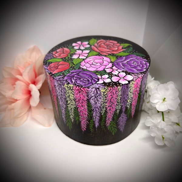 Handpainted round wooden jewelry box