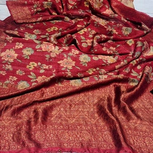 Red Wine Floral Printed Tussar Silk Banarasi Handloom Saree