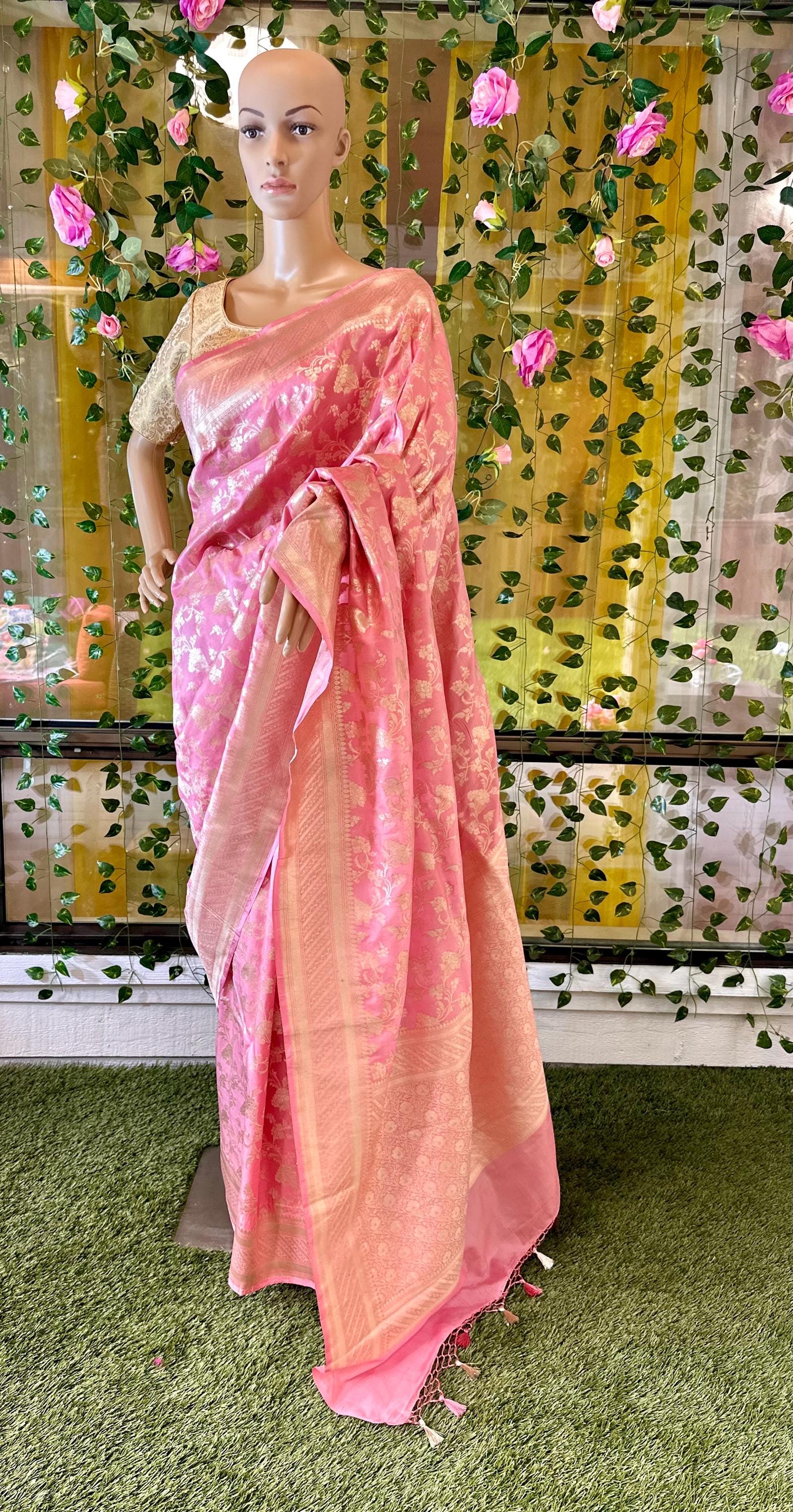 Baby Pink Authentic Banarasi Floral Jaal  pure Katan Silk  handloom Saree with Zari Border