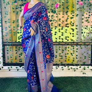 Blue Kora Organza Banarasi Handloom Saree