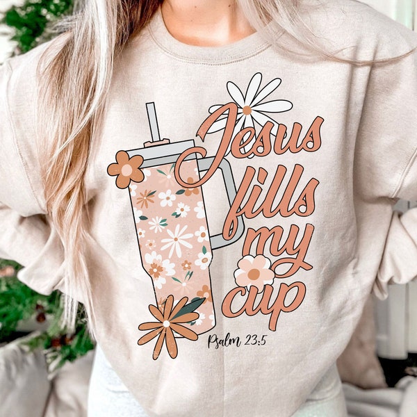 Jesus Fills My Cup PNG Clipart Instand Download, Psalm 23:5 PNG, Trendy Christian PNG, Bible Verse Shirt Design, Retro Christmas Png