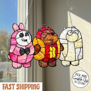 Cartoon Bear Trio Stained Glass Suncatcher, Kawaii Window Decor, Multiple Sizes