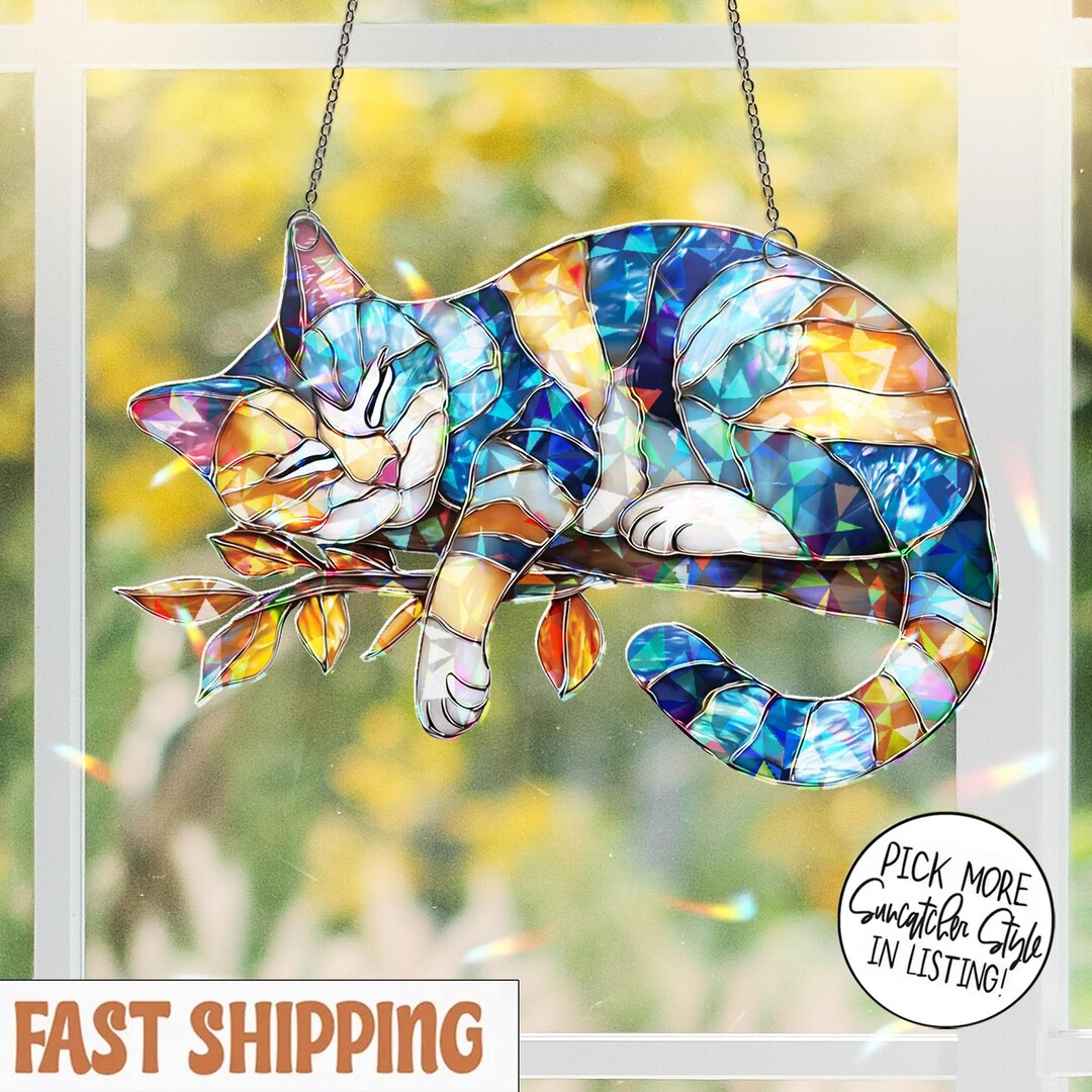 Holographic Sleeping Cat Acrylic Suncatcher, Peaceful Window Light ...