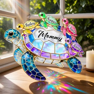 Personalized Turtle Suncatcher for Grandma, Grandpa Stained Glass Ornament, Custom Family Window Hanging