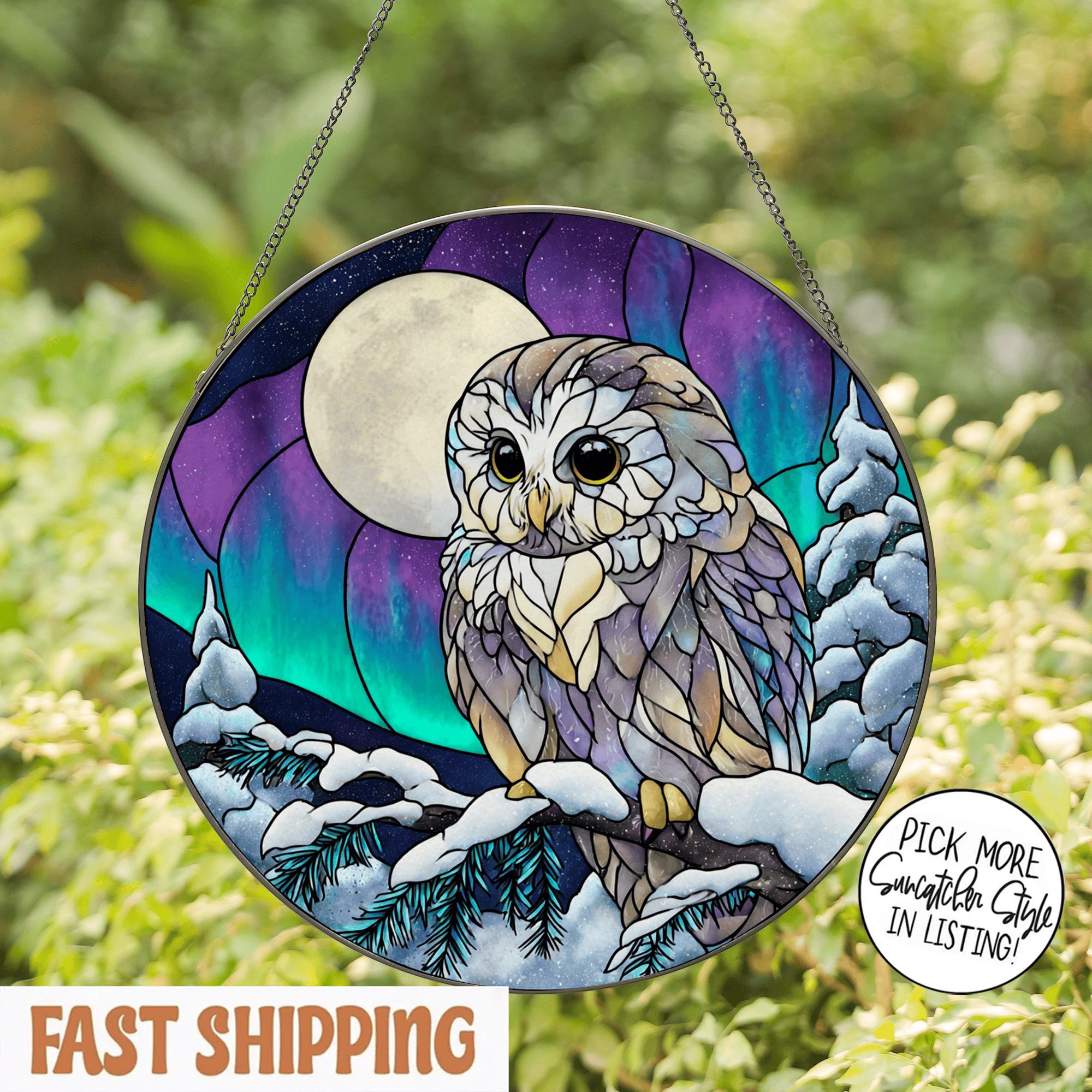 Xmas Owl Bird Stained Glass  Suncatcher, Christmas Owl Window Hanging, Aurora Stained Glass Owl Deco