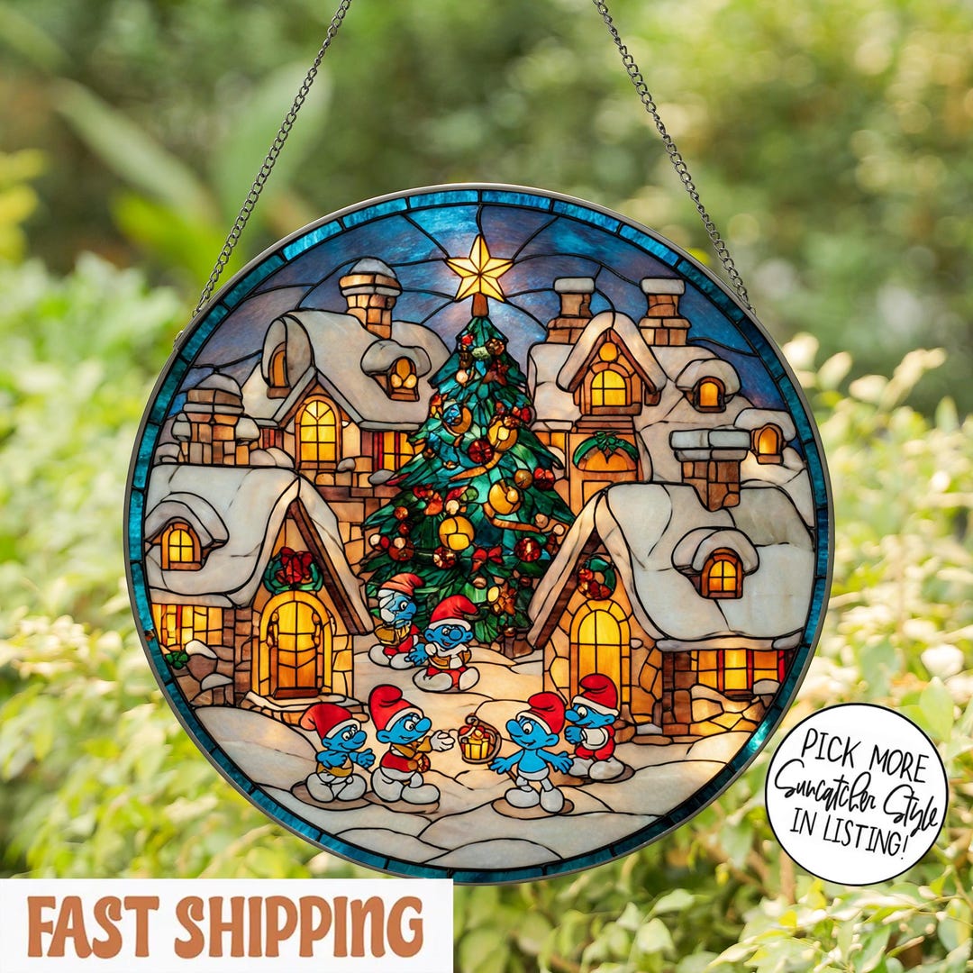 Smurf Village Christmas Stained Glass Suncatcher, Xmas Smurf Suncatcher ...