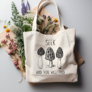 Morel Mushroom Seek And You Will Find Organic Cotton Eco Tote Bag, Forager Gift, Mushroom Hunter, Mycologist Bag, Black Owned Shop