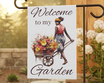 Welcome to my Garden House Banner: Black Woman Gardener Decor