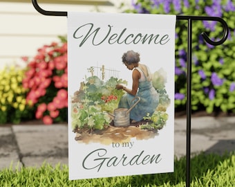 Welcome to my Garden House Banner: Black Woman Gardener Decor