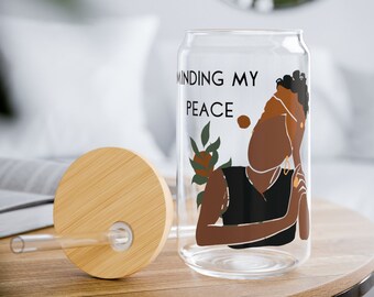 Minding My Peace Glass Tumbler: Iced Coffee Cup with Bamboo Lid