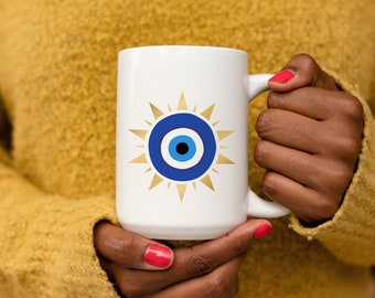 Evil Eye Ceramic Mug White Coffee Tea Cup 15oz- Black Owned Shop