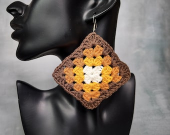 Granny Square Crochet Earrings, 100% Cotton Earrings, Black Owned Shop, Vintage Style Earrings, Lightweight Large Earrings, Handmade Gift
