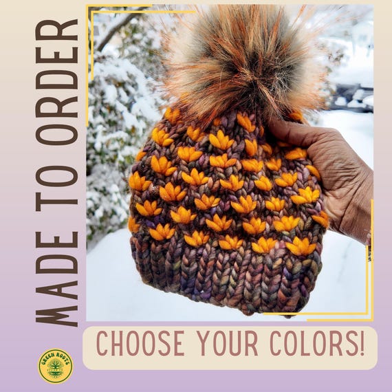 Handmade Knitted Winter Cap 100% Merino Wool Multi-colored Wood Flower Button 100% Merino Wool Knit Hat | Lotus Flower Beanie – Honey  main image 3