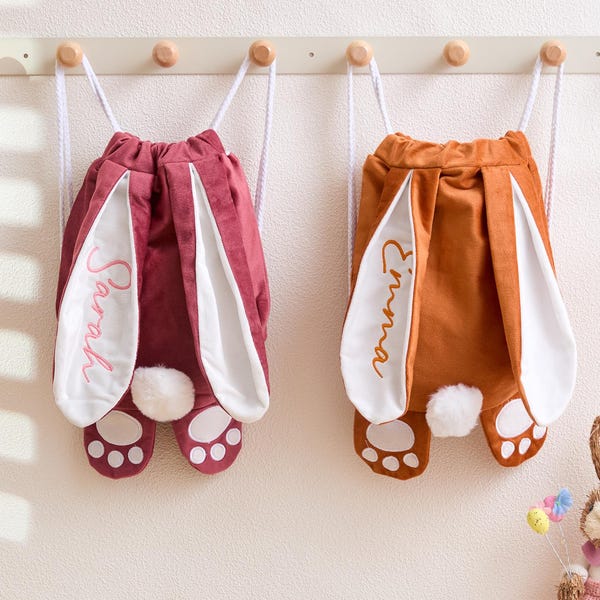 Personalized Easter Plush Bunny Bag - Embroidered Name Ears Family Backpack, Holiday Kids Keepsake Gift