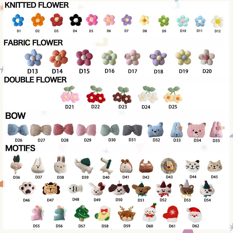 Pu&ograve; includere: Una variet&agrave; di piccoli abbellimenti in tessuto e maglia, tra cui fiori, fiocchi e motivi animali. La tavolozza dei colori comprende blu, arancione, rosso, rosa e verde. L'immagine include anche il testo "KNITTED FLOWER", "FABRIC FLOWER", "DOUBLE FLOWER", "BOW" e "MOTIFS".