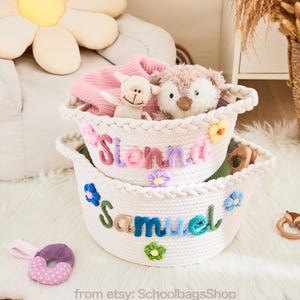 Crochet Baby Storage Basket, Personalized Name Basket, Handmade Nursery Organizer, Baby Girl Boy Gift, Newborn Toy Basket