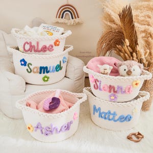 Handmade Crochet Baby Basket, Custom Name Toy Storage Basket, Personalized Baby Gift, Nursery Organizer, Baby Shower Keepsake