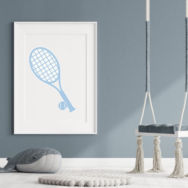 Simple Tennis Wall Art, Childrens Tennis Theme Prints, Blue Tennis Printable, Minimalist Nursery Prints, Neutral Nursery Instant PNG Print