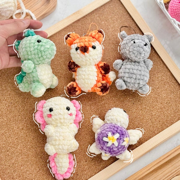 Porte-clés au crochet, Amigurumi modèle au crochet porte-clés, Amigurumi modèle au crochet, Hippo, renard axolotl, dinosaure, tortue, crochet