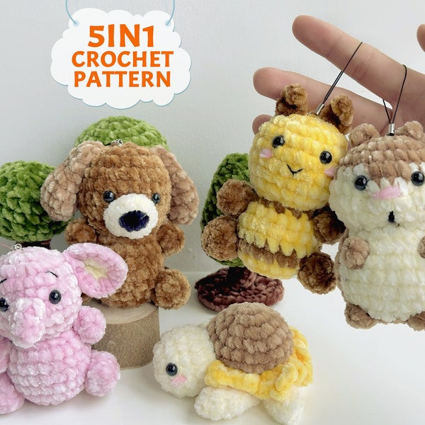Crochet Pattern Keychain, Amigurumi Crochet Keychain, Bee Crochet, Elephant Crochet, Hamster Crochet, Sunflower Turtle Crochet, Puppy Dog