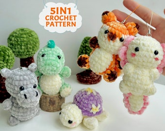 Crochet pattern keychain, Amigurumi crochet pattern keychain, turtle crochet, hippo crochet, fox crochet, Axolotl crochet, Dinosaur crochet