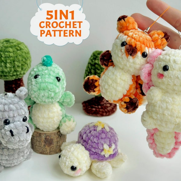 Crochet pattern keychain, Amigurumi crochet pattern keychain, turtle crochet, hippo crochet, fox crochet, Axolotl crochet, Dinosaur crochet