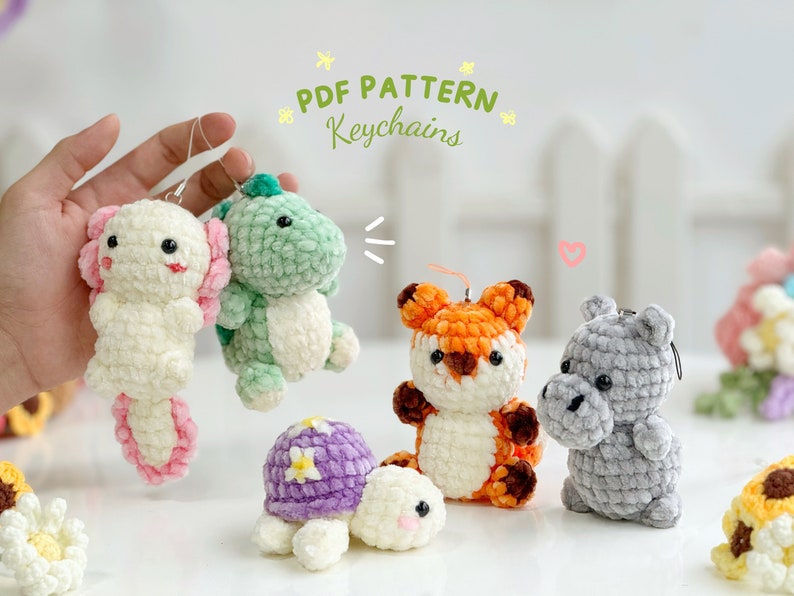 Combo Keychain Crochet Pattern, Dinosaur Keychain, Aloxolt Pattern, Hippo Pattern, Turtle Pattern, Dinosaur Pattern, Amigurumi crochet image 1