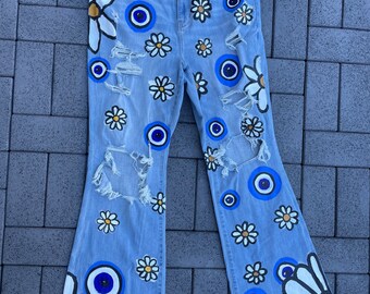 Daisy Evil Eye Hand Painted Jeans Size 12