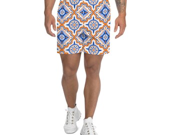 May include: White athletic shorts with a blue and orange geometric pattern.