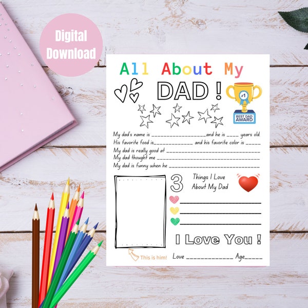 All About Dad Gift, Fathers Day Gift, Printable Dad Questionnaire, Fathers Day Card, Instant Download, Fathers Day, All About My Dad,