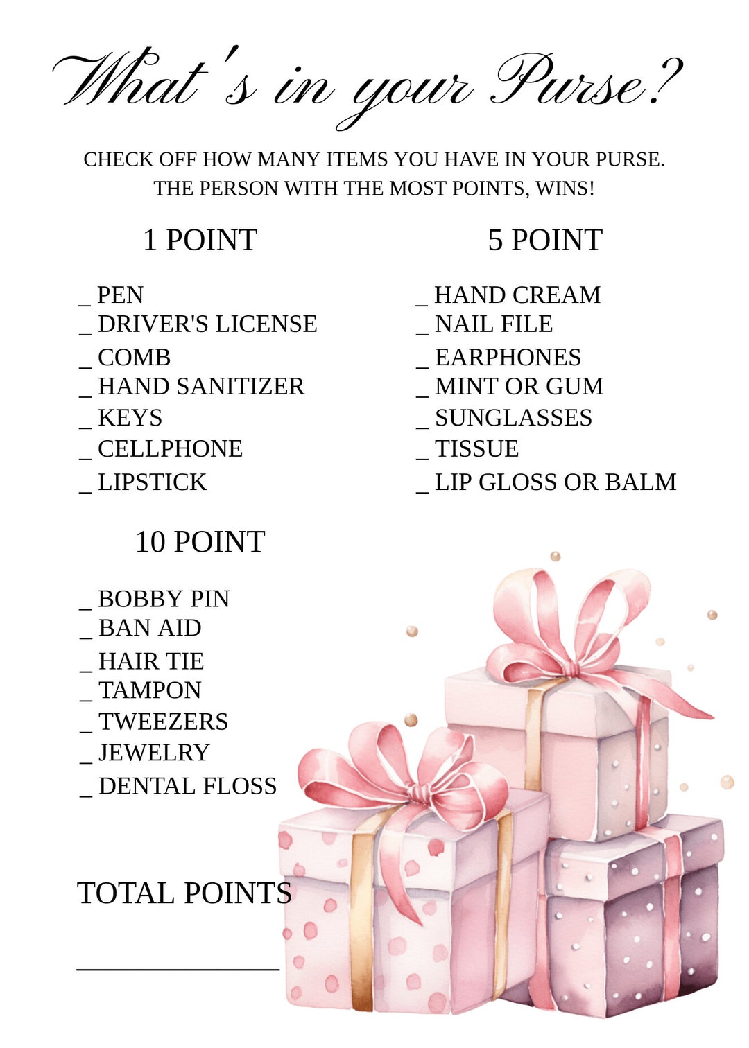 Pink Baby Shower Game: What's in Your Purse Printable Template, Instant ...