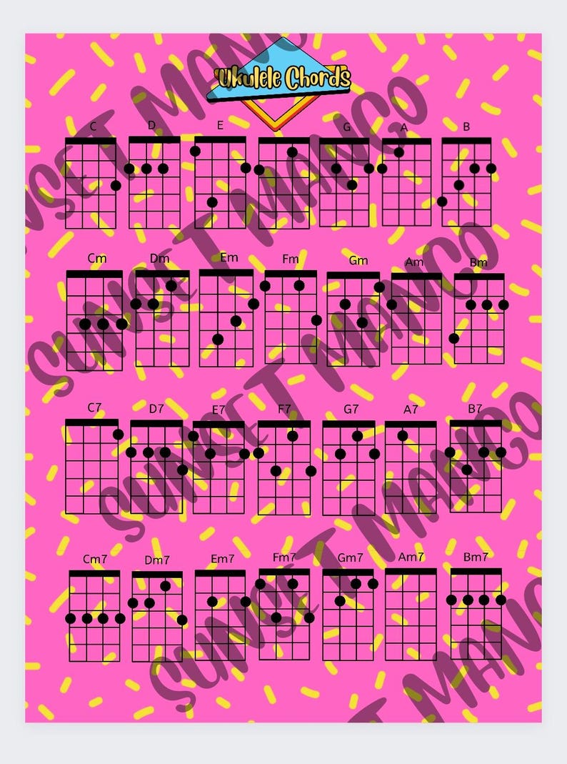 K&ouml;nnte beinhalten: Ein rosa und gelber Chart mit Ukulele-Akkorden. Der Chart zeigt die Fingerpositionen f&uuml;r die Akkorde C, D, E, G, A, B, Cm, Dm, Em, Fm, Gm, Am, Bm, C7, D7, E7, F7, G7, A7, B7, Cm7, Dm7, Em7, Fm7, Gm7, Am7 und Bm7.