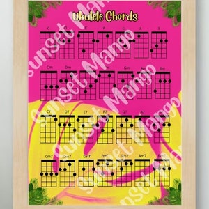 K&ouml;nnte beinhalten: Ein farbenfrohes Ukulele-Akkorddiagramm mit rosa und gelbem Hintergrund. Das Diagramm zeigt eine Vielzahl von Akkorden, darunter C, D, E, F, G, A, B, Cm, Dm, Em, Fm, Gm, Am, Bm, C7, D7, E7, F7, G7, A7, B7, Cm7, Dm7, Em7, Fm7, Gm7, Am7, Bm7. Das Diagramm ist in einem hellen Holzrahmen gerahmt.