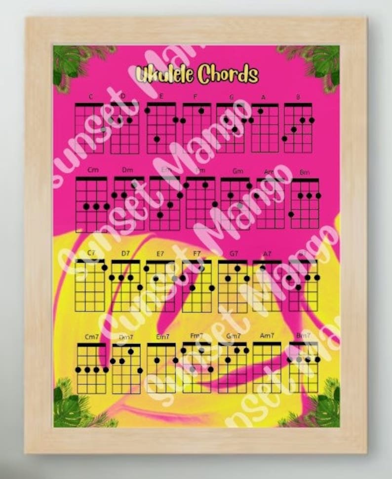K&ouml;nnte beinhalten: Ein farbenfrohes Ukulele-Akkorddiagramm mit rosa und gelbem Hintergrund. Das Diagramm zeigt eine Vielzahl von Akkorden, darunter C, D, E, F, G, A, B, Cm, Dm, Em, Fm, Gm, Am, Bm, C7, D7, E7, F7, G7, A7, B7, Cm7, Dm7, Em7, Fm7, Gm7, Am7, Bm7. Das Diagramm ist in einem hellen Holzrahmen gerahmt.