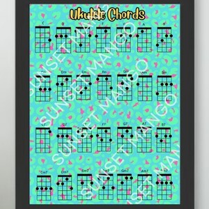 K&ouml;nnte beinhalten: Ein farbenfrohes Diagramm mit einem Hintergrund aus teal- und rosafarbenem Leopardenmuster, das Ukulele-Akkorde zeigt. Das Diagramm enth&auml;lt Akkorde wie C, G, Am, Dm und F.
