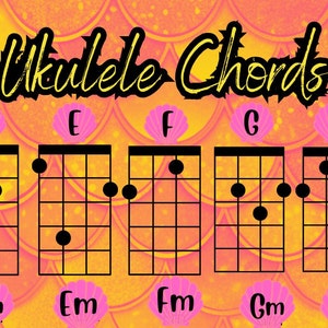 K&ouml;nnte beinhalten: Ein Diagramm, das die Fingerpositionen f&uuml;r das Spielen von grundlegenden Ukulele-Akkorden zeigt, darunter C, D, E, F, G, A und B-Dur sowie deren Moll-Gegenst&uuml;cke. Die Akkorde werden auf einem gelben und orangefarbenen Hintergrund mit einem Meerjungfrauen-Schuppenmuster angezeigt.
