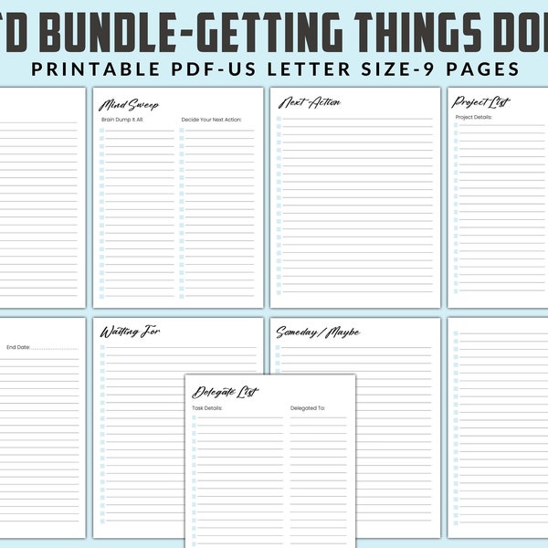 Printable Getting Things Done GTD Planner, GTD worksheets, Getting Things Done Template, GTD inserts