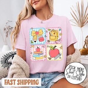 Chemise d'enseignante girly à fleurs BCBG, sac d'école, chemise avec noeud, crayon, chemise 1er jour d'école, chemise preppy pour la rentrée