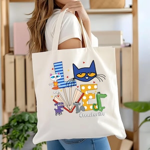 Love Teacher Life Pete The Cat Canvas Tote Bag, cadeaux pour professeur, sac fourre-tout cadeaux pour professeur, cadeau de remerciement pour professeur, professeur de maternelle