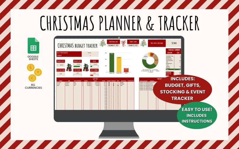 Christmas Planner &amp; Tracker Spreadsheet Google Sheets Gift Budget ...