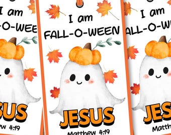 I Am Fall-O-Ween Jesus Halloween Gift Tags Printable, Christian Trick or Treat Tags, Fall Festival Favor Tags, Sunday School, Youth Group