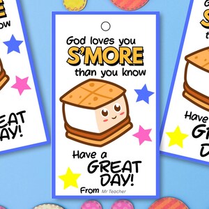 God Loves You S&#39;More Back to School Gift Tags | Christian Printable Gift Tags for Students | S’mores Favor Tags | Student Welcome Gift Tags