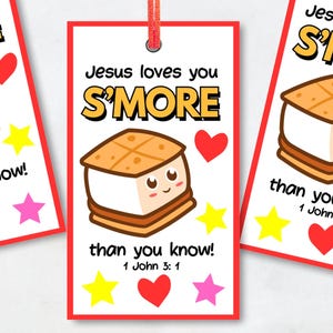 Jesus Loves You S’more Than You Know Gift Tags | 1 John 3:1 Printable | Christian Back to School Favor Tags | Bible Verse Treat Tag for Kids