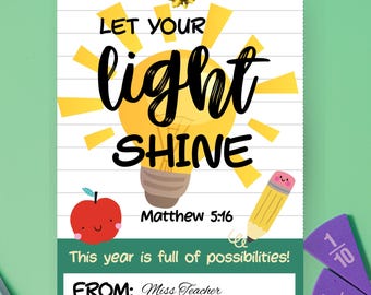 Let Your Light Shine Gift Tags, Faith Based Gifts, Teacher Gift Tags, First Day of School Favor Tags, Christian Classroom, Sunday School