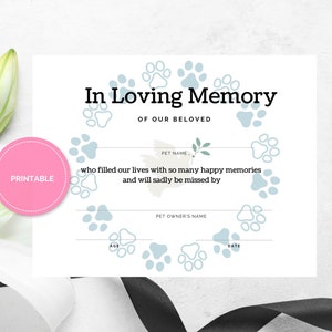 Certificado Memorial de Animal de Estimação | Certificado Memorial de Animal de Estimação Blue Paws | Lembrança Memorial de Animal de Estimação | Carta EUA | Tamanho A4 | Download instantâneo em PDF para impressão