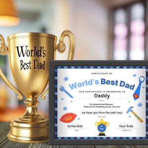 Certificado de "El mejor papá del mundo" / Regalo del Día del Padre / Regalo de cumpleaños para papá / Regalo para papá / Carta de EE. UU. / Tamaño A4 / Descarga instantánea en PDF imprimible