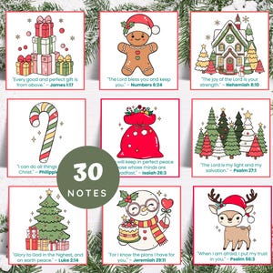 May include: Set of 30 Christmas-themed note cards with festive illustrations and Bible verses. Designs include a gingerbread man, gift boxes, a candy cane, a snowman, a reindeer, and a Christmas tree. Each card features a different quote.